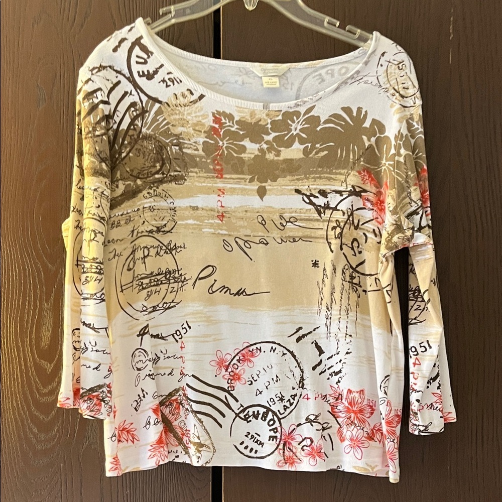 Christopher & Banks 3/4 sleeved top with floral, writing and postal stamps. XL
